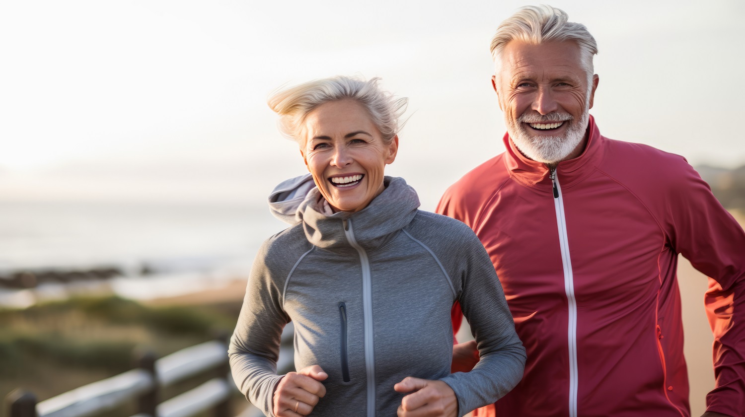 Active fit mature couple running on Santa Monica Beach boardwalk